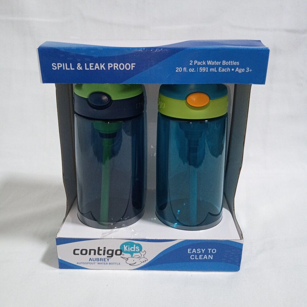 Contigo Kid's 20 oz. Aubrey Plastic Water Bottle 2-Pack Blue Green New In Box